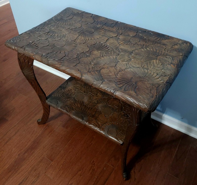 Liberty Co. of London Japanese Hand Carved Sunflowers Table c1905 30″hx35″x22″