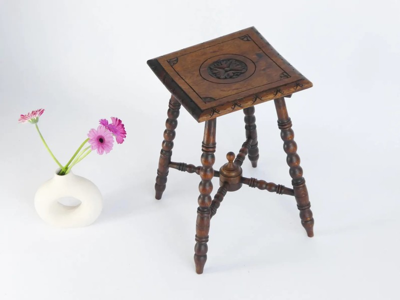 Antique Small Bobbin Wooden Stool, Carved Side Table with Flower, Barley Twist gallery