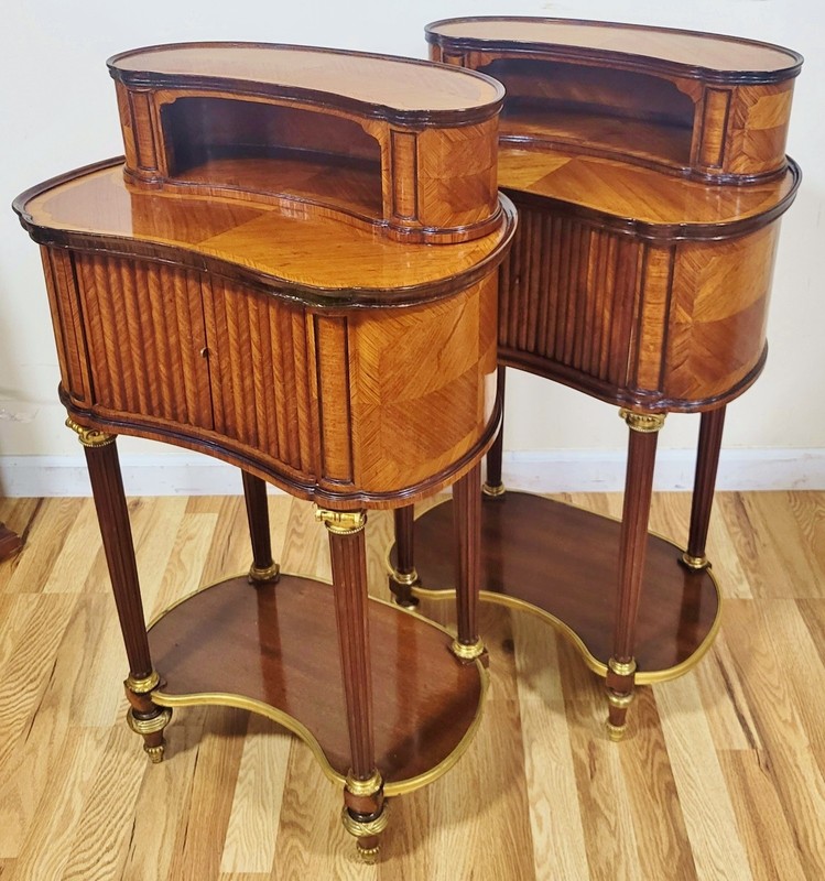 PAIR 19th C FRENCH Louis XVI BRONZE & TAMBOUR Front KIDNEY NIGHTSTAND End Tables gallery