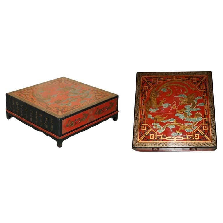 LARGE ANTIQUE CIRCA 1920 CHINESE DRAGON CHINOISERIE EXPORT COFFEE TABLE DRAWERS