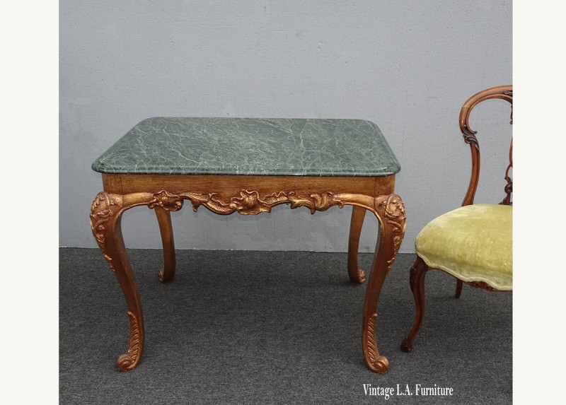 Vintage Large Ornate French Louis XVI Gold Leaf Side Table w Green Marble Top