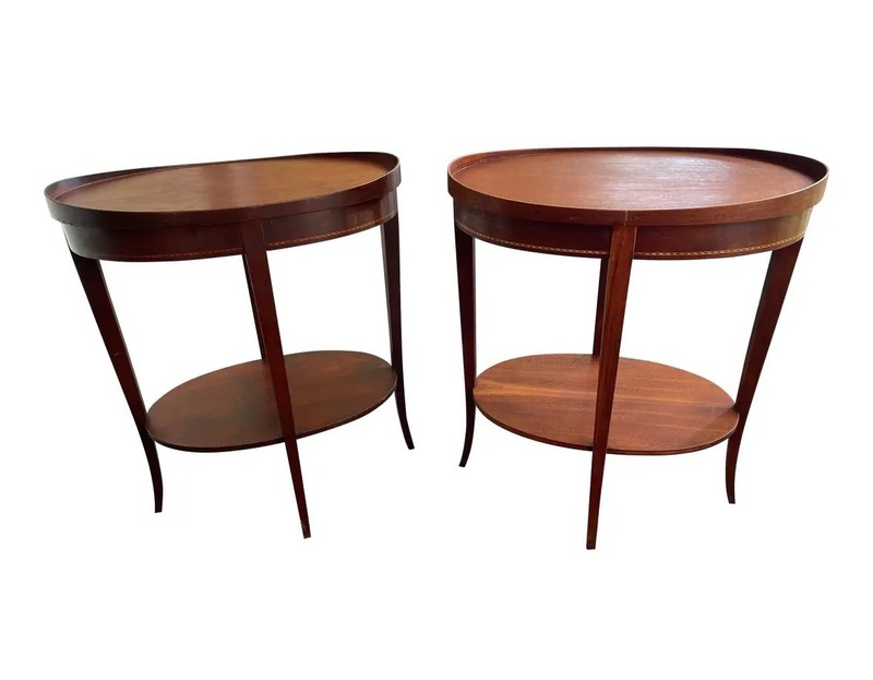 Vintage Mersman Mahogany Inlaid Wood Set of 2 Oval End Side Tables Nightstands