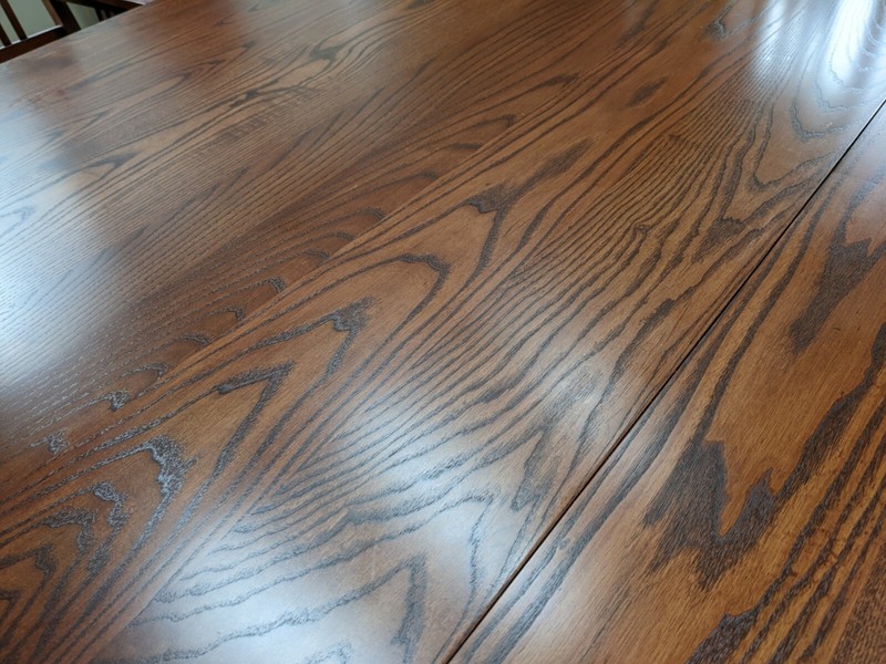 Mission-style solid oak table with two extension leaves and eight chairs gallery