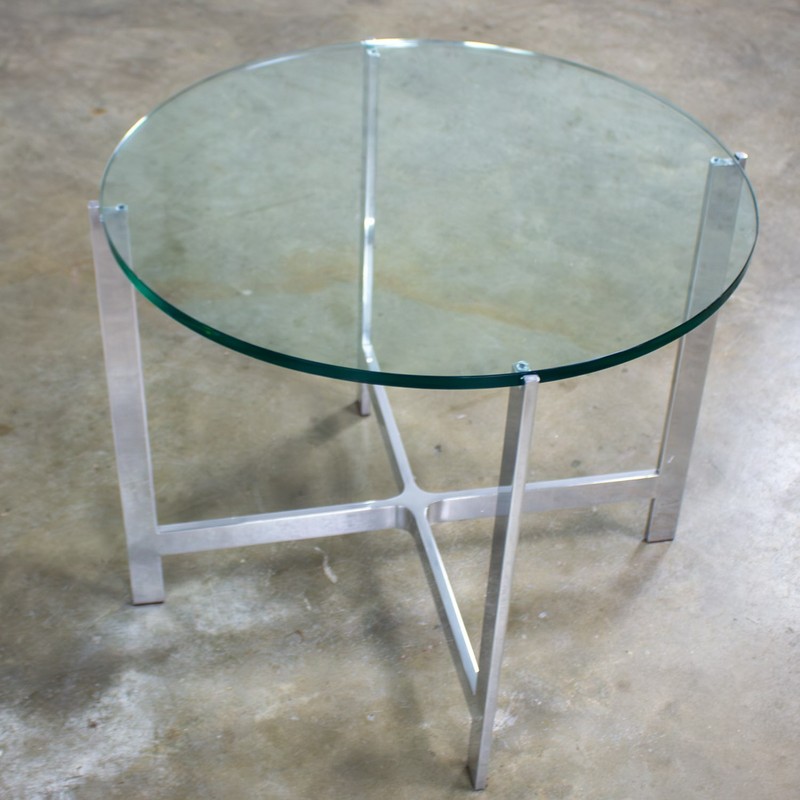 MCM to Modern End or Side Table Polished Solid Aluminum Base & Round Glass Top gallery