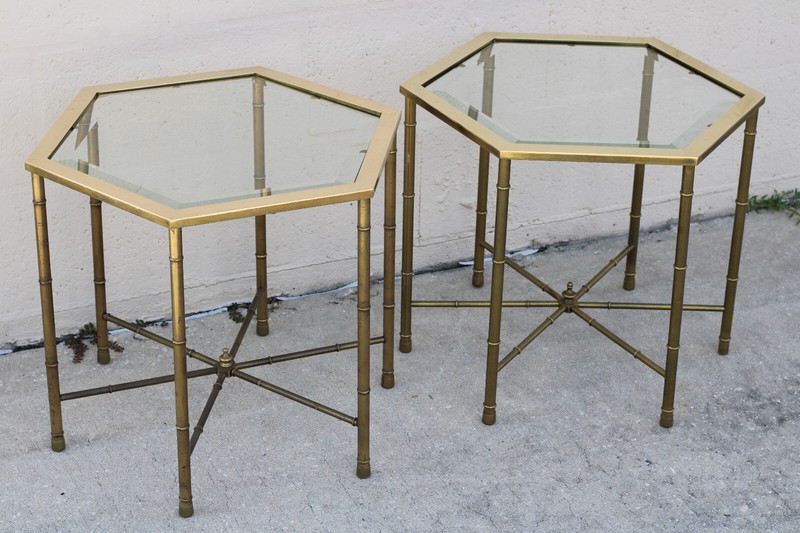 Authentic Pair Vintage Mastercraft Faux Bamboo Hexagonal Brass End Accent Tables gallery