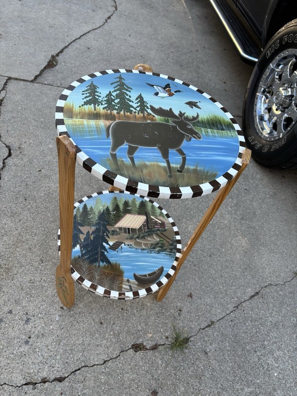 Wilderness Handpainted Scene Round 2 Tier Side Table w/ Oar Paddle Legs - Cabin