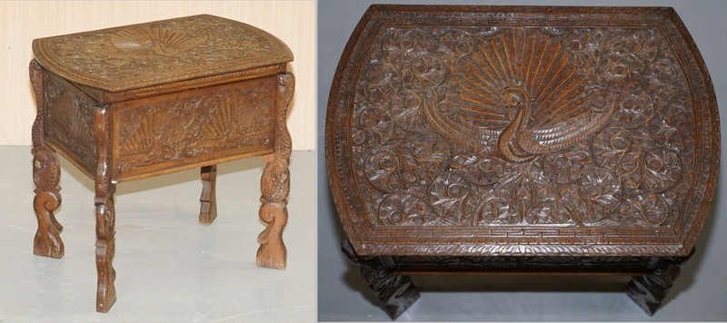CIRCA 1880 BURMESE HAND CARVED PEACOCK SEWING TABLE CUPBOARD CHEST OPEN TOP gallery