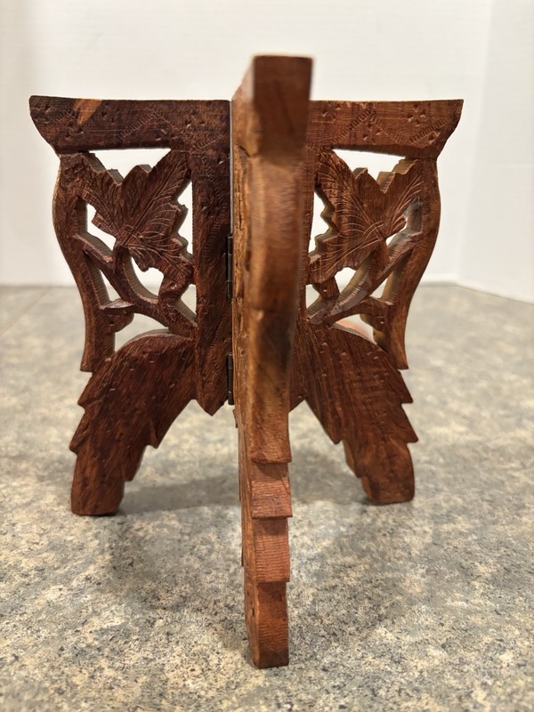 Vintage Indian Inlaid Hand Carved Wooden Boho Folding Plant Stand Table 6 1/2” gallery