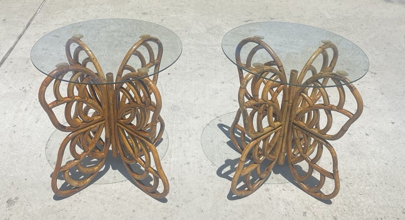 RARE! 2 Vintage Rattan Butterfly Side Tables, Boho-Chic Gems! USHIP delivery! gallery