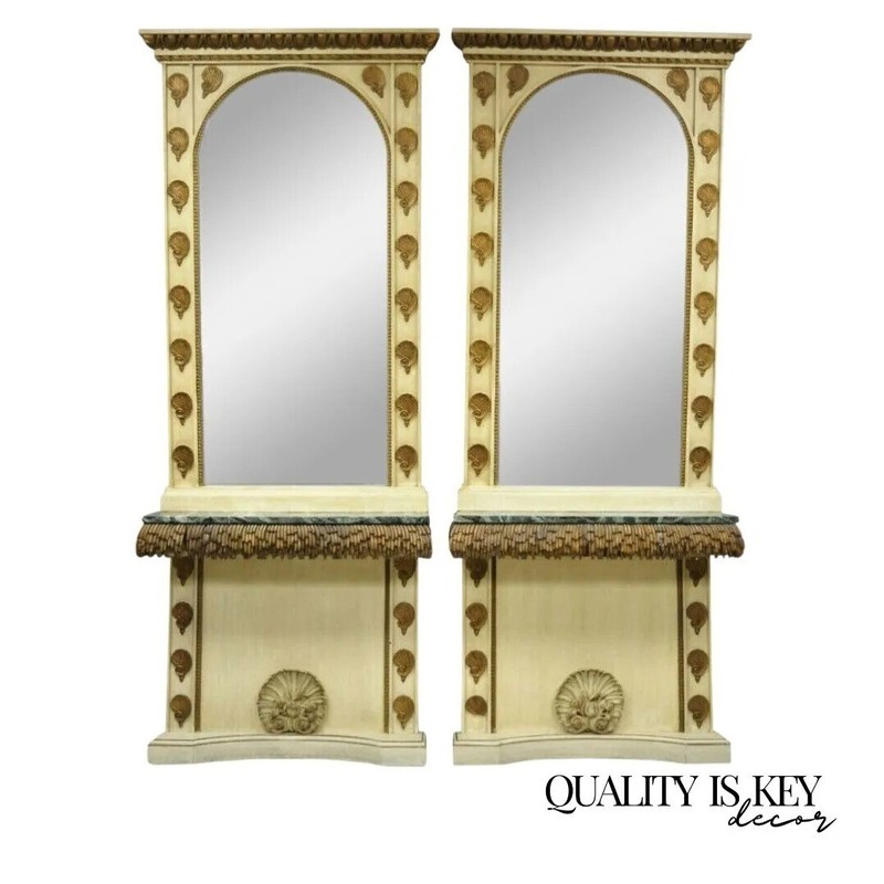 Italian Hollywood Regency Shell Form Grotto Console Hall Table & Mirror – a Pair