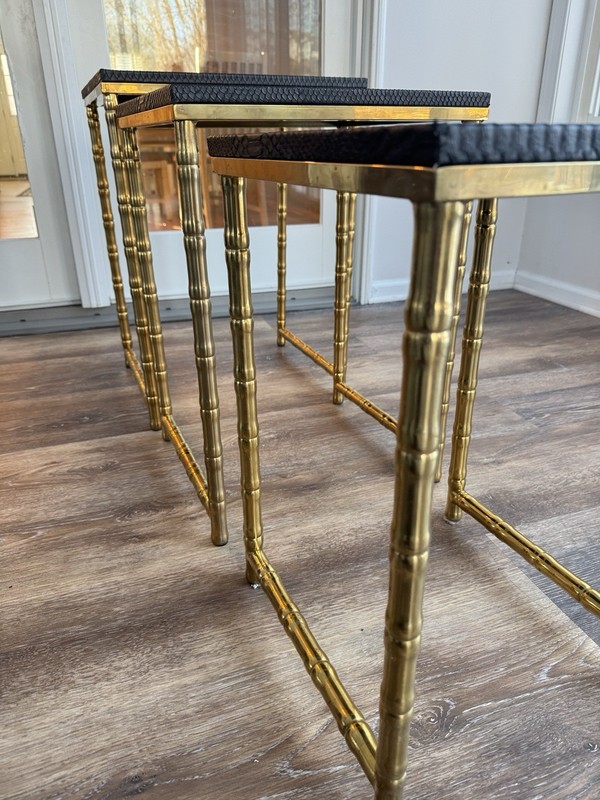 Hollywood Regency Brass Faux Bamboo Nesting Tables With Black Faux Leather~3 Pc gallery