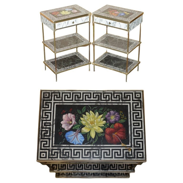 PAIR OF REGENCY STYLE FAUX MARBLE THREE TIERED ETAGERES SIDE END TABLES DRAWERS