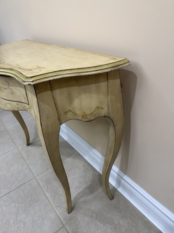 Antique French Country Console Table Wood Curved Beige Gold Carvings Drawer gallery