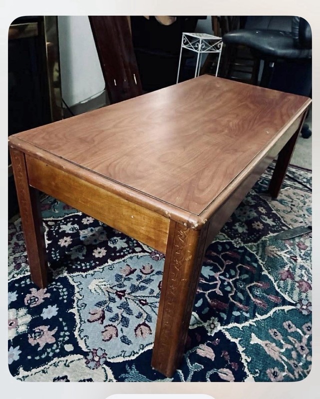 Vintage Danish Mid Century Style Modern Brown Coffee Table w Hand Carved Motif