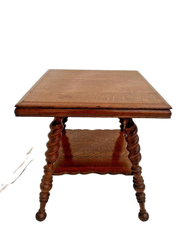 Antique Victorian Table bottom shelf Tiger Oak Thick Barley Twist legs Ball feet gallery