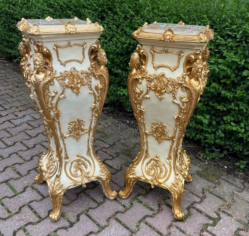 Pedestals Pair (2 pcs) Italian Baroque Cream Gold Marble Effect Display Stands