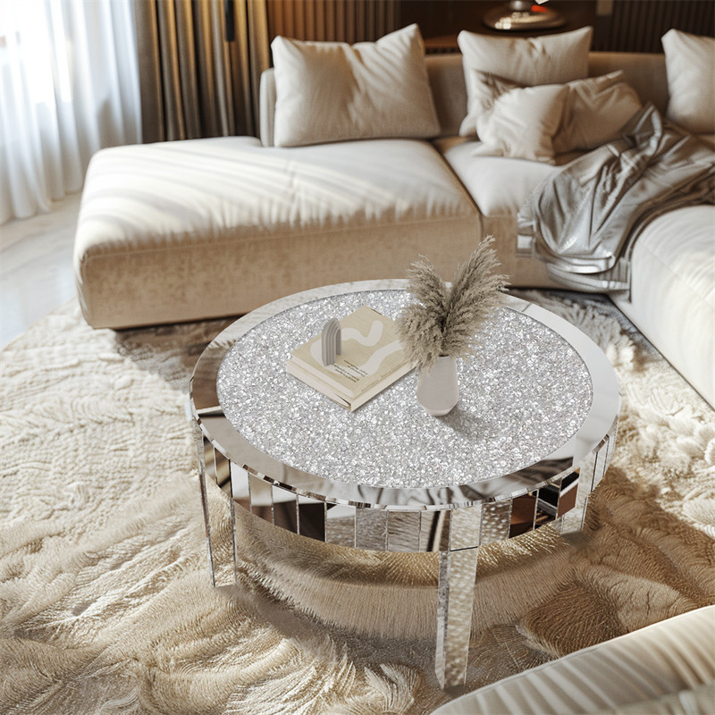 Luxurious Round Mirrored Crush Crystal Diamond Coffee Table for Living Room 80cm gallery