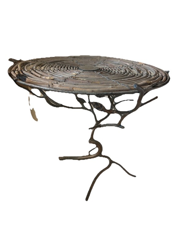 Vtg Desktop Table Glass Top Patinated Metal Base Like Tree Branch W Bird.