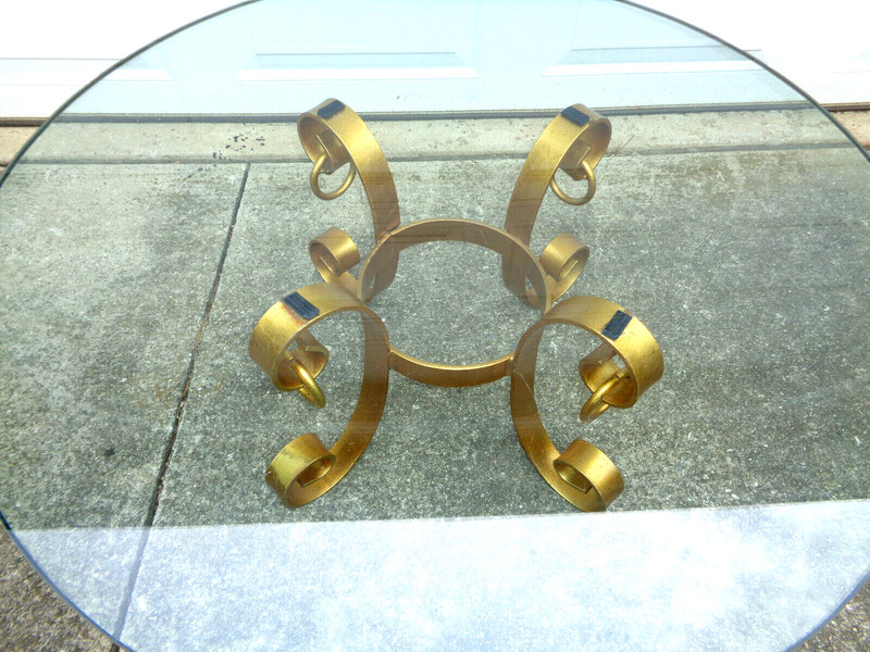 ITALIAN? GILDED SCROLL IRON COFFEE TABLE, HOLLYWOOD REGENCY, 3/4" GLASS, HEAVY! gallery