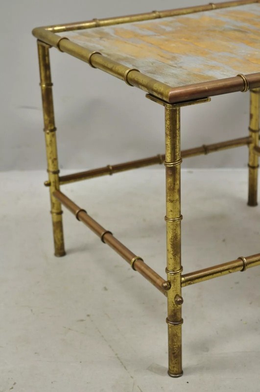 Italian Hollywood Regency Faux Bamboo Brass Tole Metal Low Square Side Table gallery