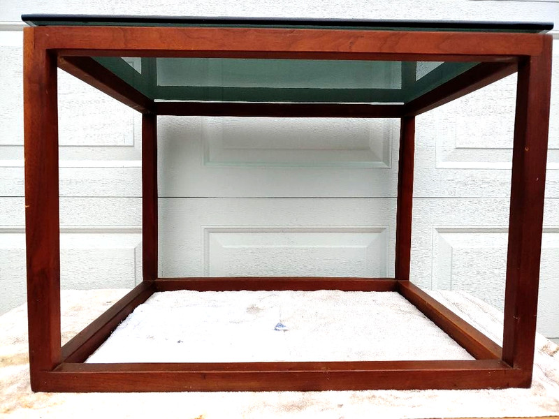 KAI KRISTIANSEN? DANISH? MID CENTURY MODERN “CUBE” TABLE W/ 3/8″ SMOKE GLASS TOP
