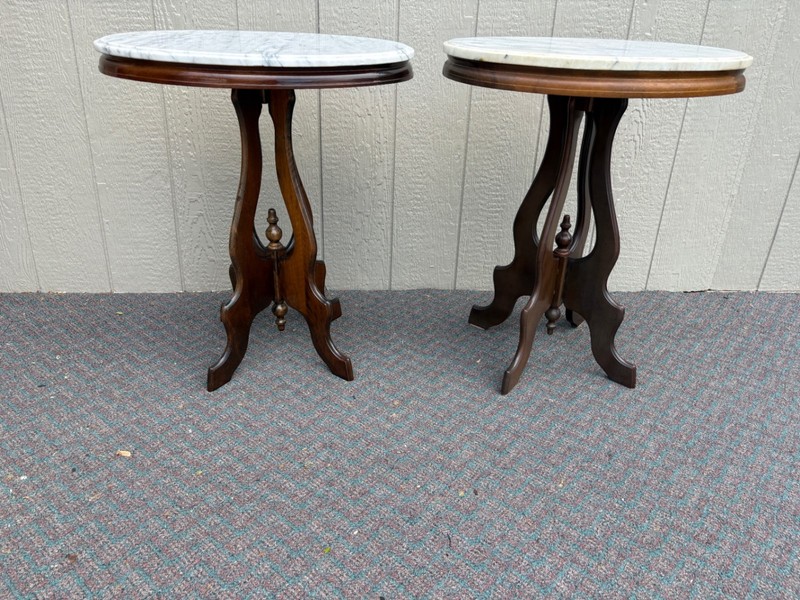 67778 PAIR of Victorian Marble Top Side Tables with Carved Bases gallery