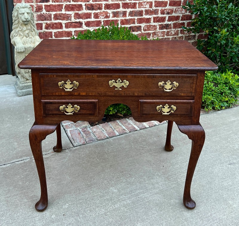 Antique English Georgian Table Small Desk Nightstand Lowboy 3 Drawers Tiger Oak gallery
