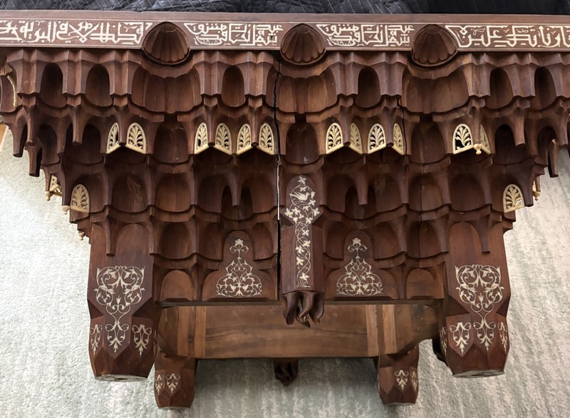 Antique Middle Eastern Arabic Bone Inlaid Fruitwood Table 36x36 1950s Damascus gallery