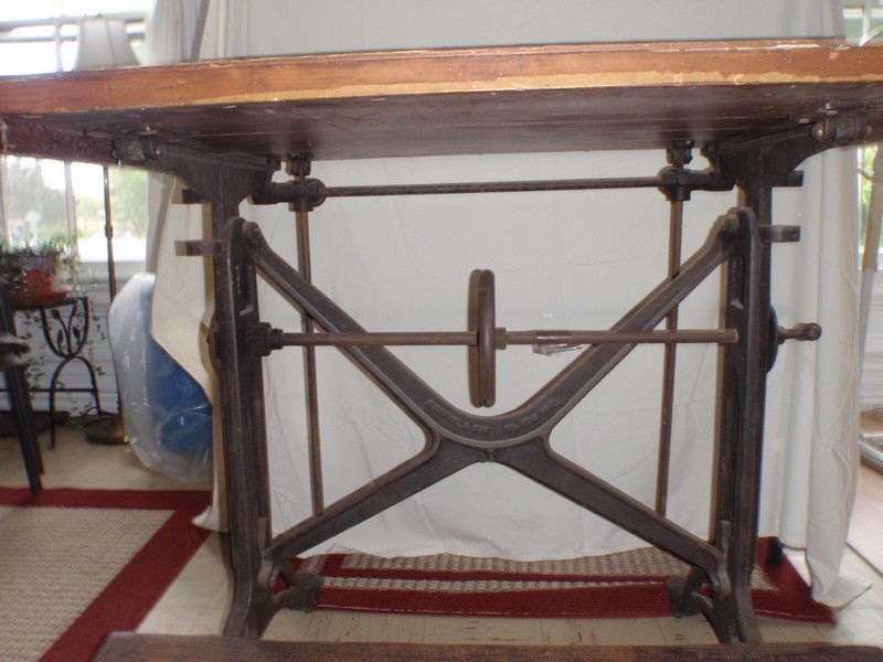 Adj. Vtg Antique Cast Iron Drafting Desk / Table Wooden top Keuffel & Esser gallery