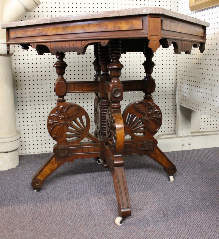 Eastlake Marble Top Table Walnut + Burl. Geometric + Foliate + Fan Carvings 1887 gallery