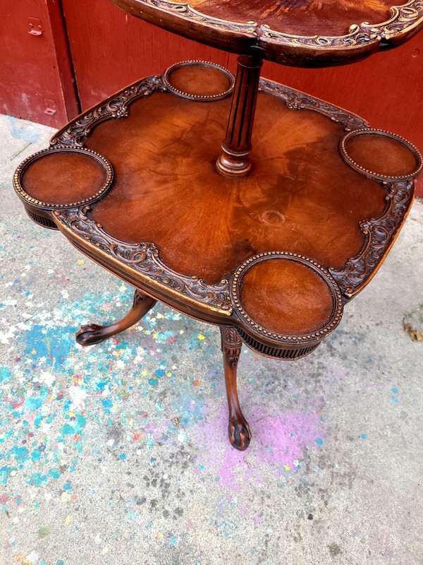 Antique  two tier occasional  table with  beautiful  carved wood gallery