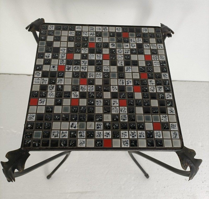 Vintage Small Side Table Plant stand Mosaic tiles Checkered pattern Funky Wrough gallery