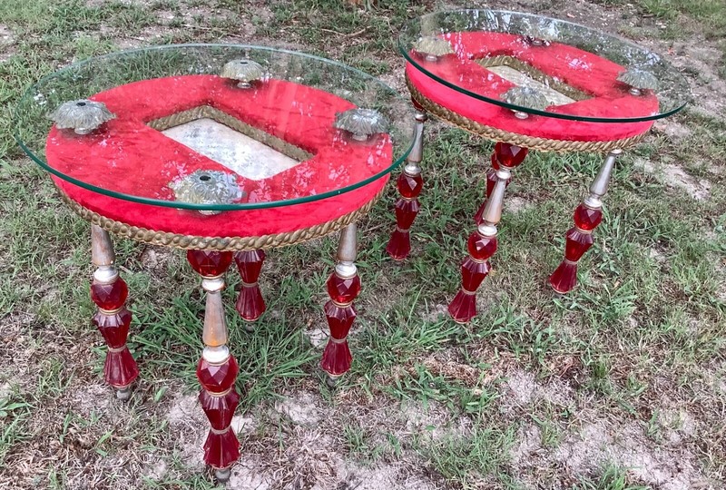 Vtg MID CENTURY Modern mcm no Glass END TABLES red gold Hollywood Regency rare