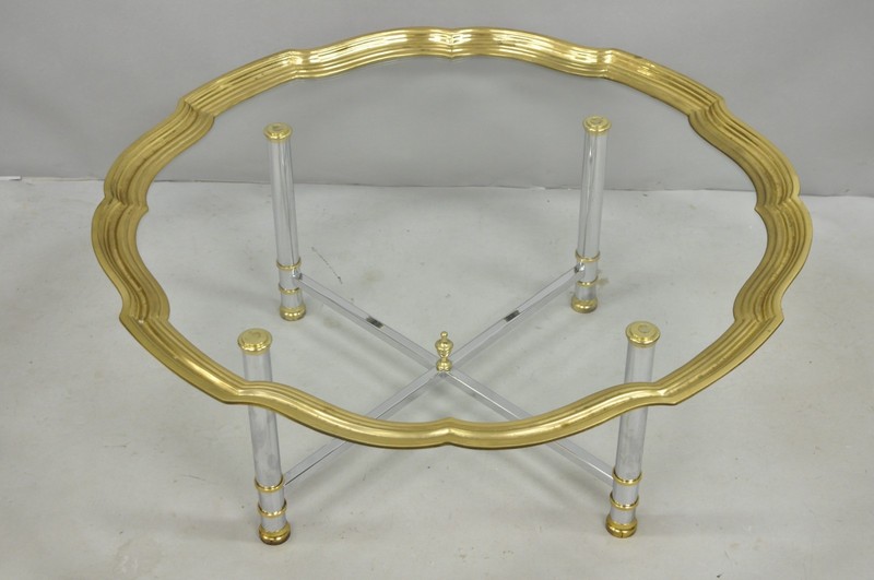 Vintage Maison Jansen Style Steel & Brass Scalloped Glass Tray Top Coffee Table gallery