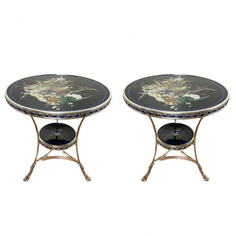 Pair of Antique Black Marble Blue Lapis Round Two Tier Gueridon Paw Feet Table