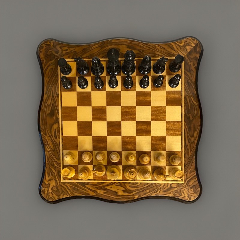 Hand-made Italian Chess and Checkers Table of Natural Wood With Chess Pieces gallery
