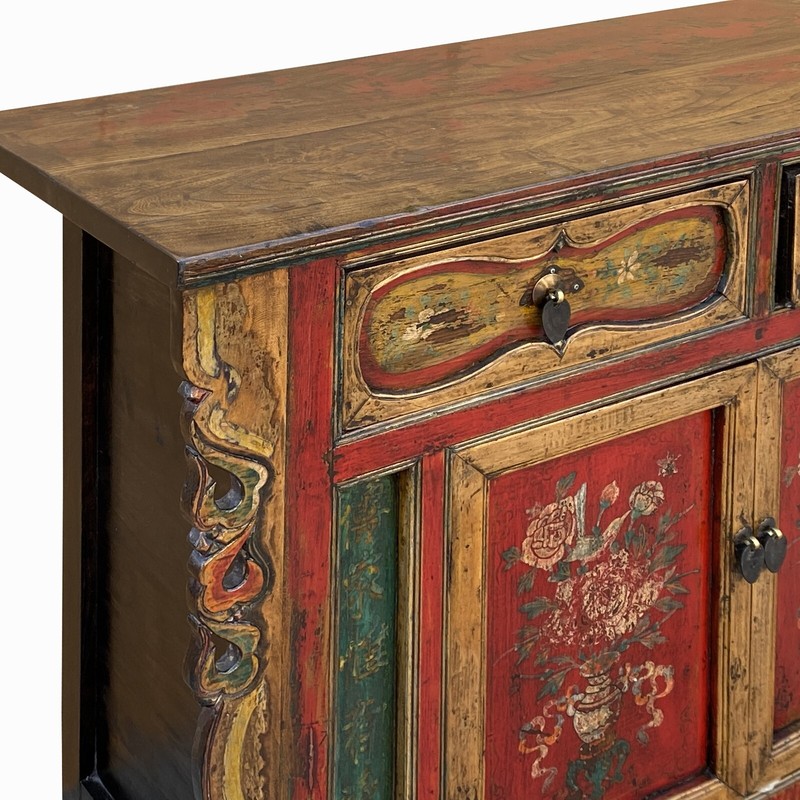 Chinese Distressed Mustard Yellow Red Flower Sideboard Credenza Cabinet cs7742 gallery