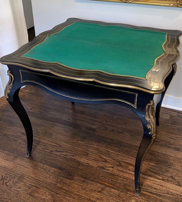 Late 19th Century Napoleon III Black Lacquer French Inlaid Flip Top Game Table gallery