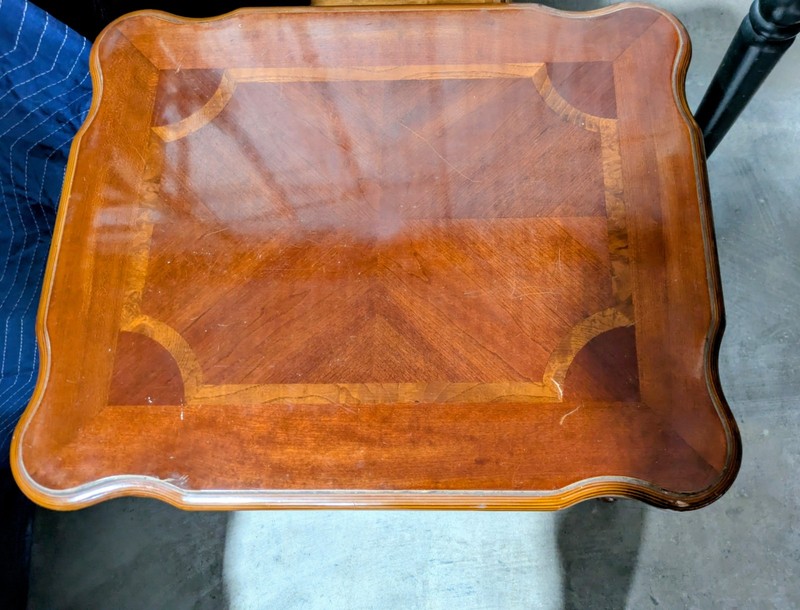 Vintage Queen Anne Style End Table Inlaid Wood Scalloped Edge Cabriole Legs gallery