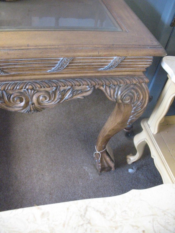 CARVED WOOD CENTER TABLE w/ BEVELED GLASS INSERT LOVELY gallery