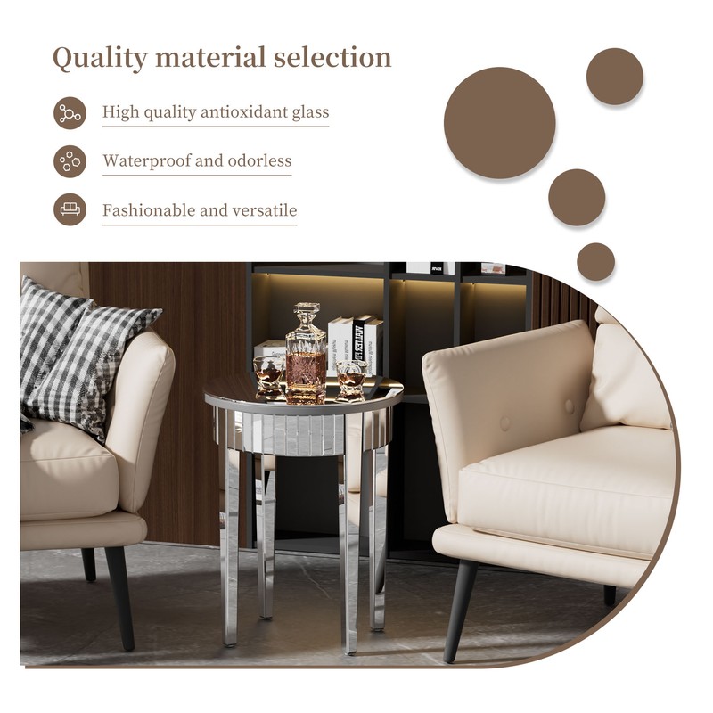 Modern Glam Glass Mirrored Round Silver Side Accent Table frameless Heavy Duty gallery