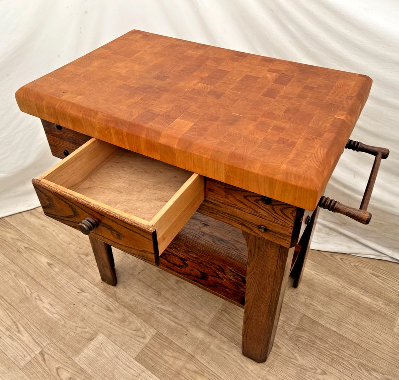 Vintage Butcher Block Carving Table Oak Base with Drawer Shelf End cut Maple top gallery