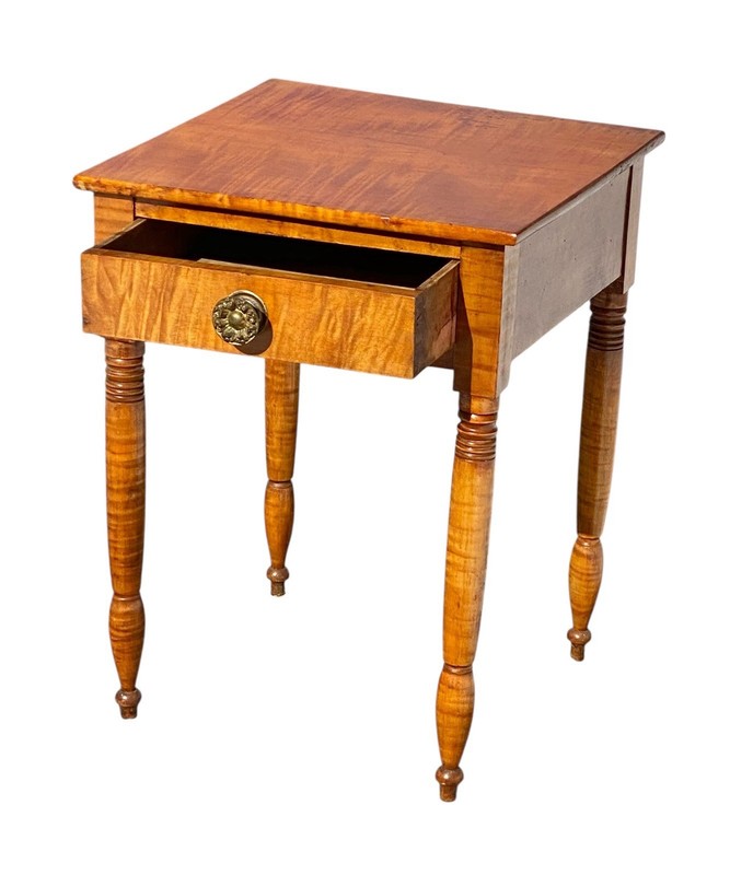 Antique 19th Century Sheraton New England Tiger Maple Work Table / Nightstand gallery