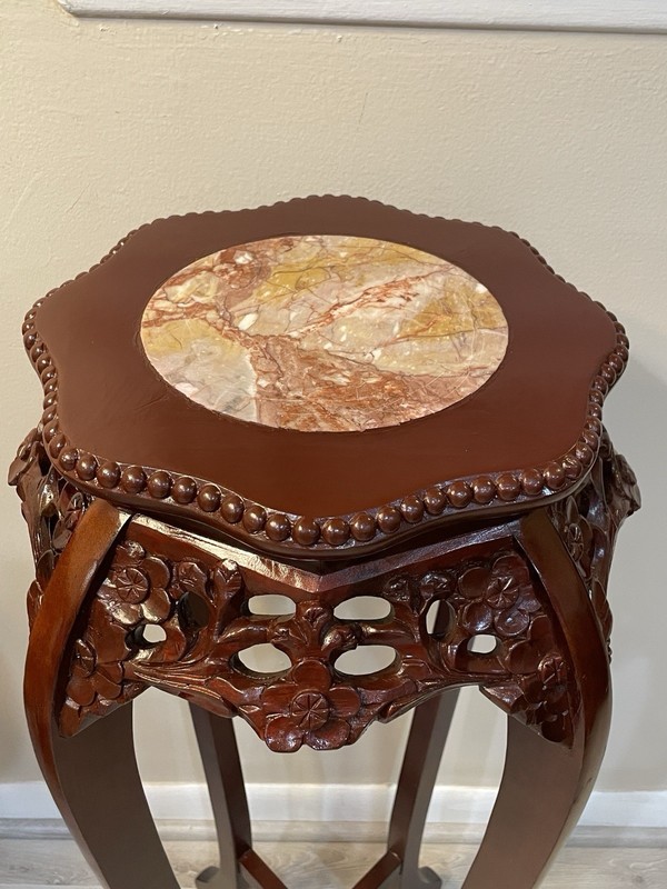 VTG Mid Century Chinoiserie Carved Wood Marble Top Plant Stand Pedestal Table gallery