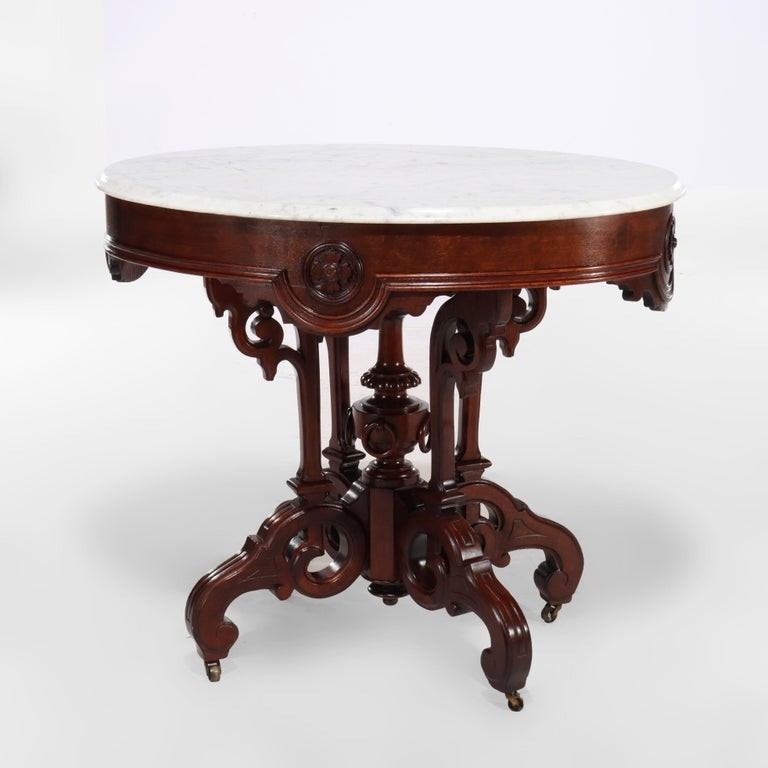 Antique Renaissance Revival Carved Walnut, Rosewood & Marble Parlor Table C1890 gallery