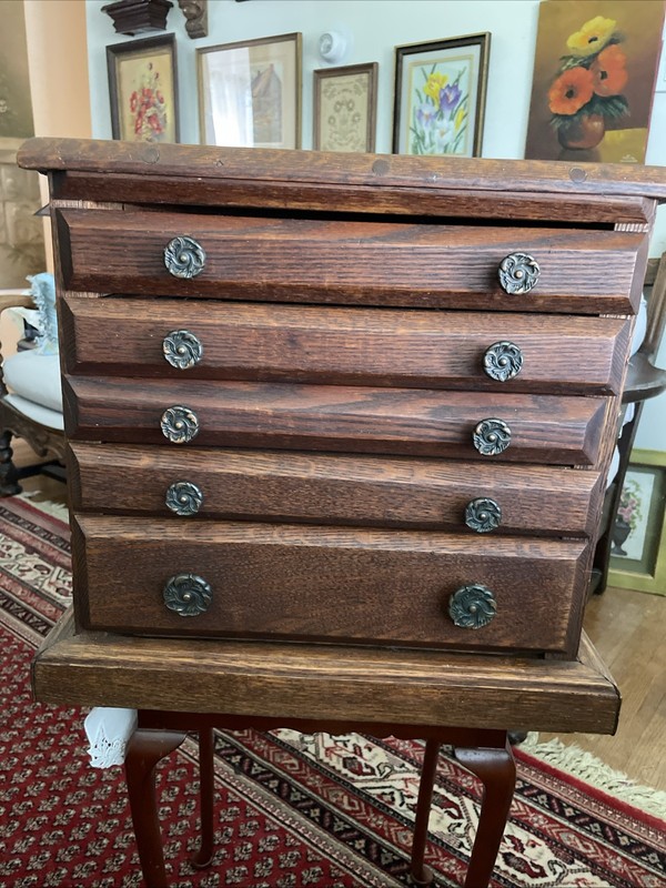 Apothecary One Of A Kind Hand Made Oak 5 Drawer Table Top Spool / Watch Makers C
