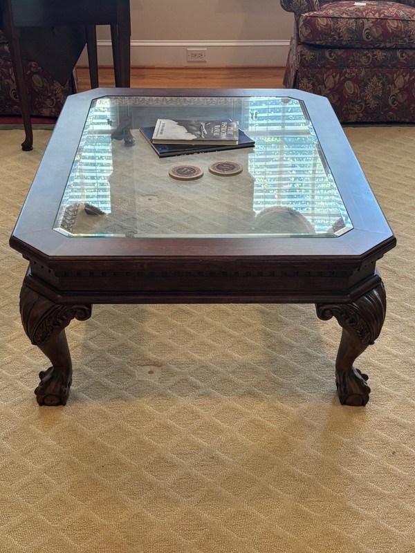 Vintage Rectangle Carved Mahogany Glass Top Coffee Table Claw Feet Beveled Glass gallery