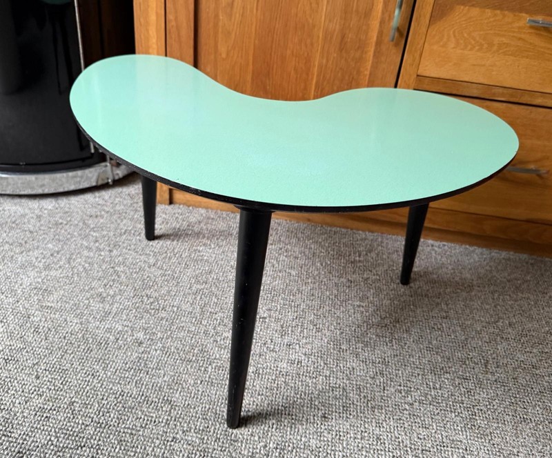 Vintage kidney shaped Green Melamine Top Formica coffee table, 1950s gallery