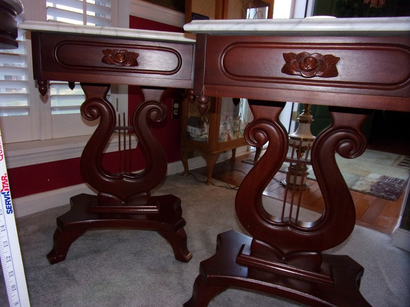 Victorian Set 2 Mahogany Lyre Harp Tables Marble Top - other pieces available gallery