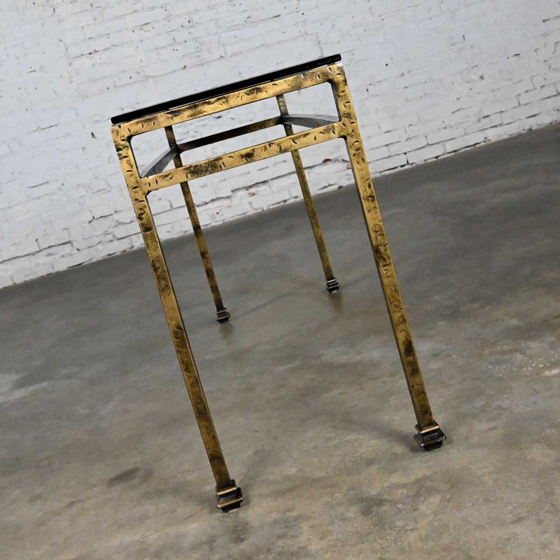 Modern Iron Console Sofa Table Gold Hammered Look & Smoked & Beveled Glass Top gallery